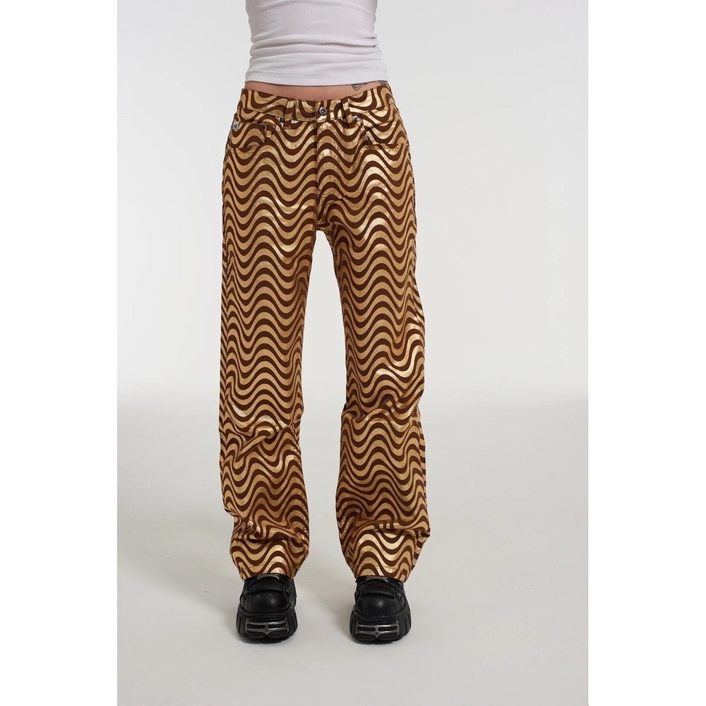 The Ragged Priest Metallic Gold Brown Wavy Swirl Straight Leg Jeans‎ Womens 24